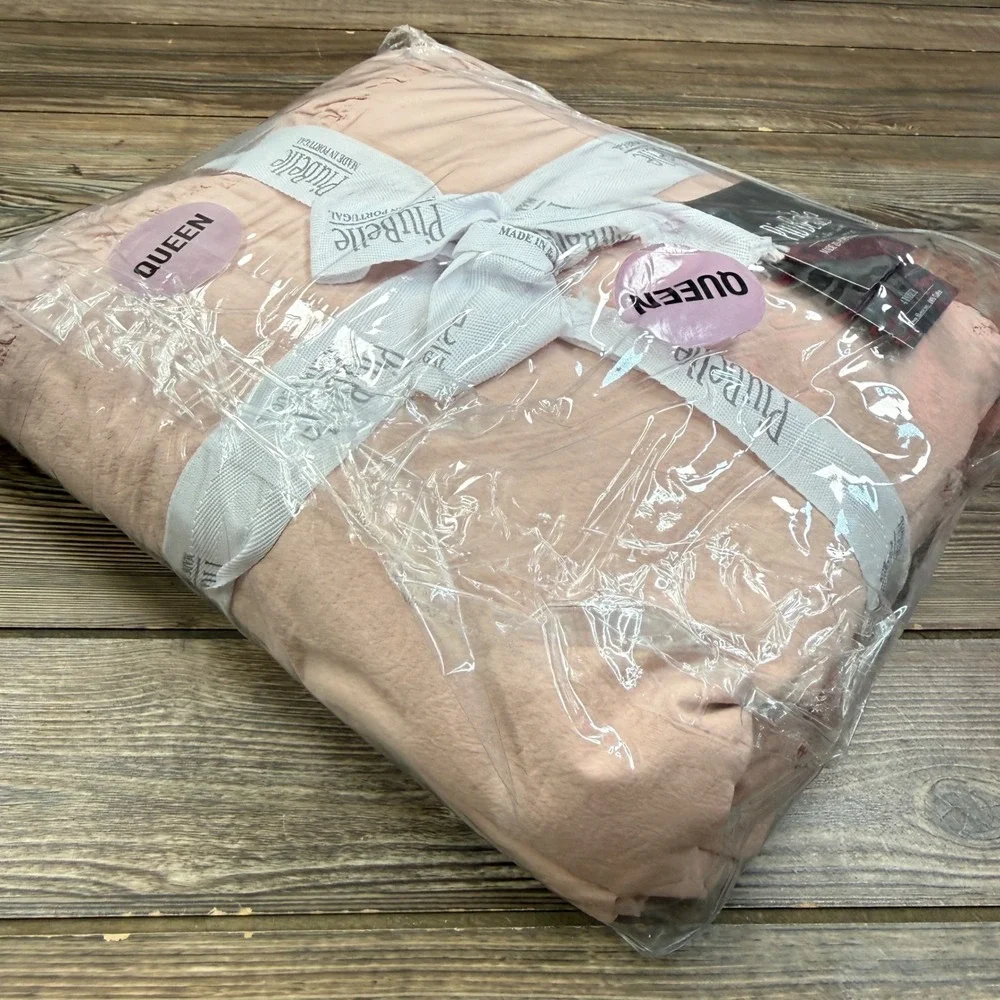 PiuBelle Queen Sheet Set Blush Pink 100% Cotton Ruffle Trim Made in Portugal NEW